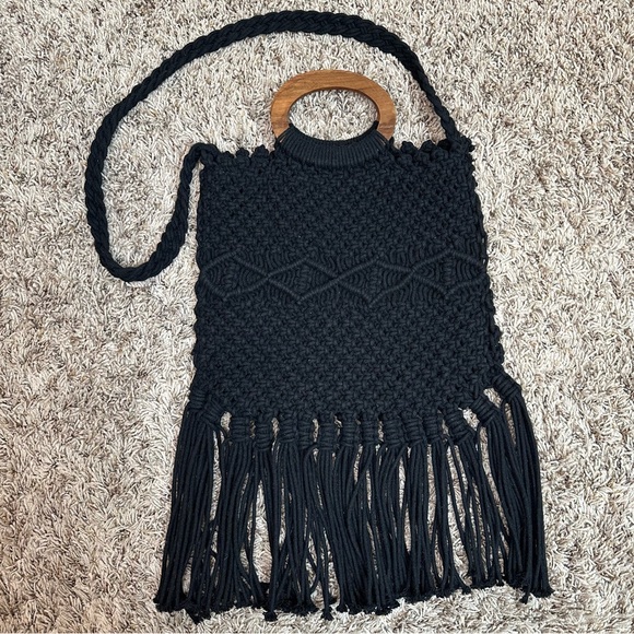 Danielle Fringe Boho Tote - Black and White